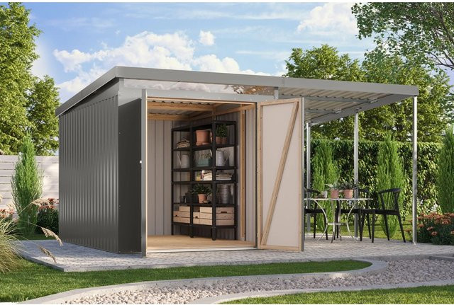Karibu Metallgerätehaus Neos 2,5 mit Anbaudach in Graualuminium - Bild 1