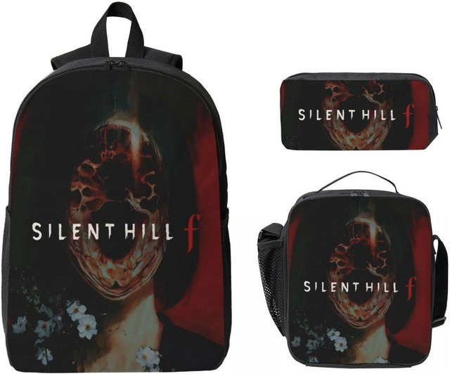 3-teiliges Silent Hill F Horror Schulranzen-Set von Fancy Style Studio mit Federmäppchen und Brotdose in Schwarz für Kinder - Bild 1