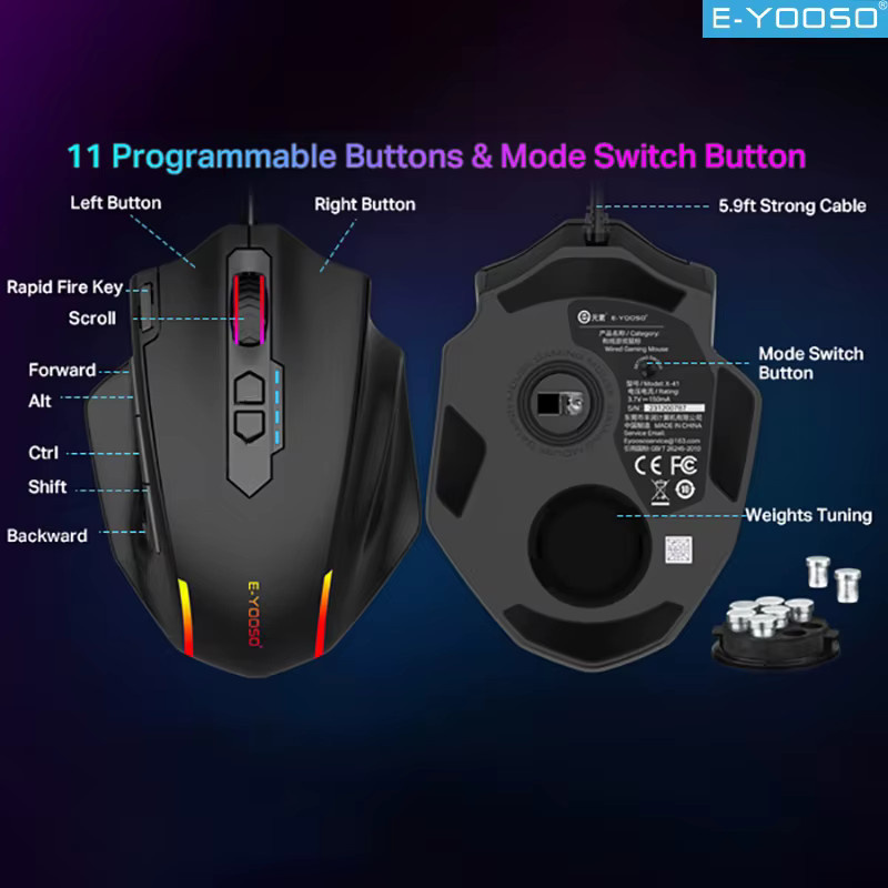 E-YOOSO X-41 Gaming-Maus mit RGB-Beleuchtung, 12400 DPI, 11 programmierbare Tasten und einstellbarem Gewicht in Schwarz - Bild 2