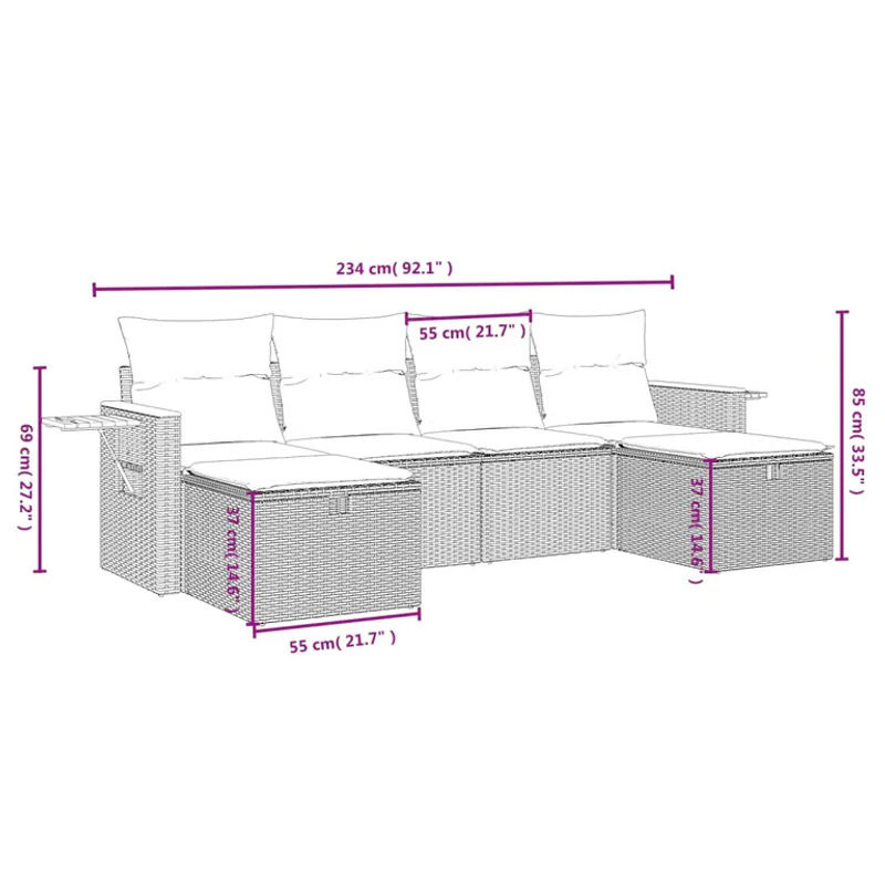 vidaXL 6-teilige Garten-Sofagarnitur in L-Form mit Polsterkissen und Ottoman, Grau, Poly Rattan und Metallrahmen - Bild 2