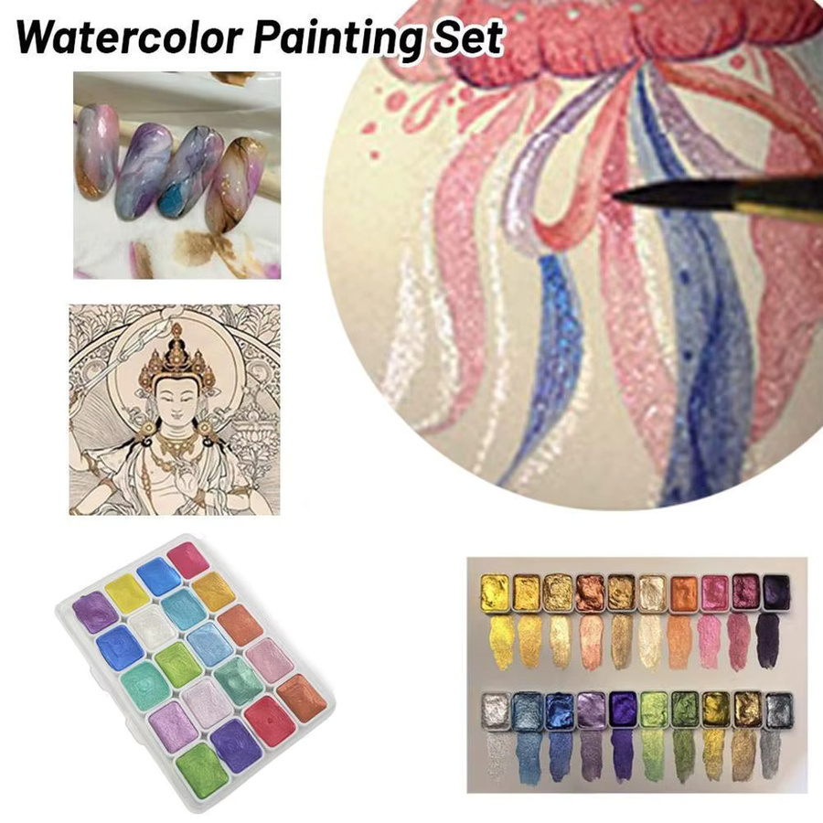 Aquarell-Malset mit 20 Farben in einer tragbaren Metallbox inklusive glitzernden Perlen für DIY-Nagelkunst und künstlerische Gestaltungen in Multicolour - Bild 5