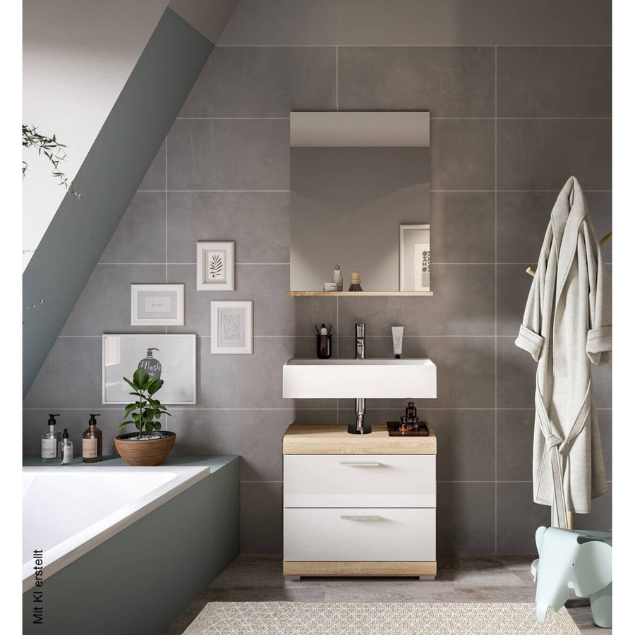 Badezimmer-Set Lambada xonox.home aus Eiche Sonoma Nachbildung und Weiß Hochglanz, 2-teilig mit Waschtischunterschrank, Hochschrank und LED-Spiegelschrank, B/H/T: 60 x 191 x 37 cm - Bild 2