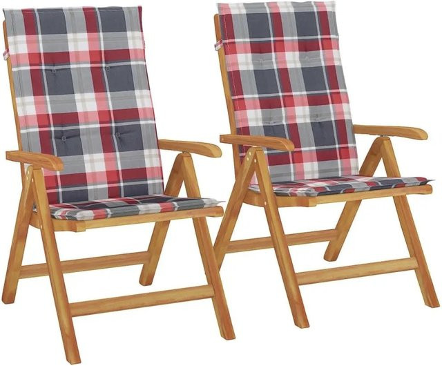 vidaXL Gartenstühle aus Teakholz mit roten Kissen im Karomuster, 2er Set - Bild 1