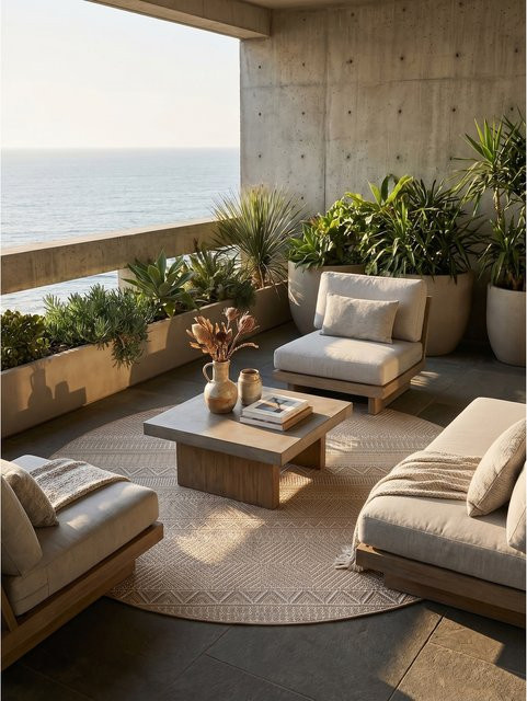 Kadima Design Outdoor-Teppich Ethno-Streifen mit Rauten in Beige, UV-beständig, B/B/H: 120 x 120 x 1 cm - Bild 1