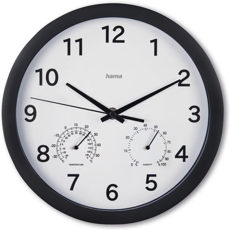 Hama Wanduhr Malta Schwarz mit Thermo- und Hygrometer, geräuschlos, Durchmesser: 25 cm - Bild 1