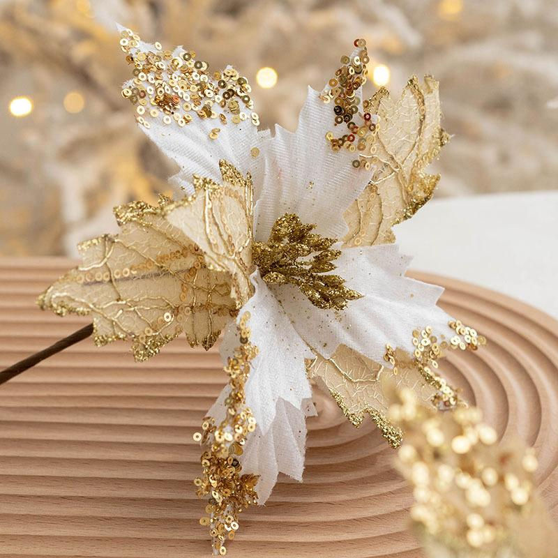 Love Home Garden Künstliche Weihnachtsblume mit Pailletten und Sequins für Weihnachtsbaum und Dekoration, Textil, Farben: Gold, Silber, Champagner, Rot - Bild 2