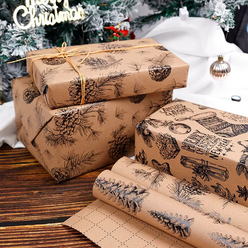 3M Weihnachtsgeschenkpapier aus Kraftpapier mit schwarzem Tannenzapfen und Glocken-Motiv, 3 Meter Rolle - Bild 4