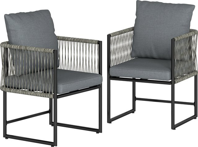 Outsunny Gartenstuhl 2er Set aus PE-Rattan und Stahl in Dunkelgrau mit Kissen und Armlehnen - Bild 1