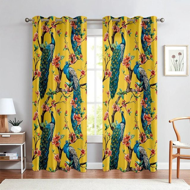 2er-Set Dekorative Vorhänge mit Vintage Pfau- und Blumenmuster in Blau und Gold, Breite: 75 cm, Höhe: 166 cm - Bild 1