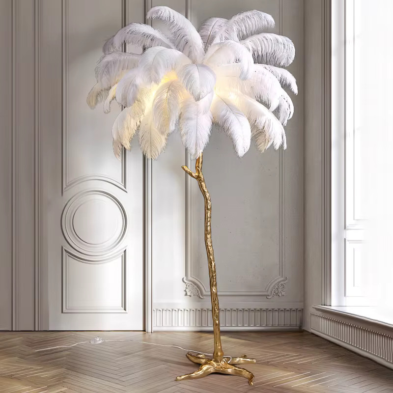 VIGOUS Nordic LED Bodenlampe mit Straußenfedern aus Harz und Kupfer in Gold/Messing für Wohnzimmer und Schlafzimmer - Bild 2
