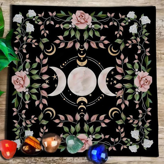 VIKAMA Altartuch Yin Yang Triple Moon Runen in Schwarz für Tarot, Wahrsagung und Wicca-Dekoration - Bild 1