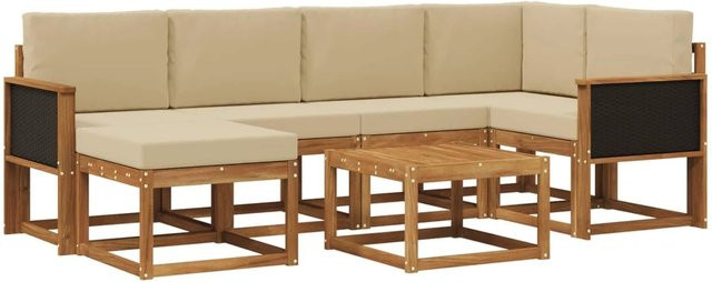 vidaXL Outdoor-Sofagarnitur aus Massivholz Akazie in L-Form mit 7 Teilen, inklusive Polster und Couchtisch, Farbe Natur und Beige - Bild 1