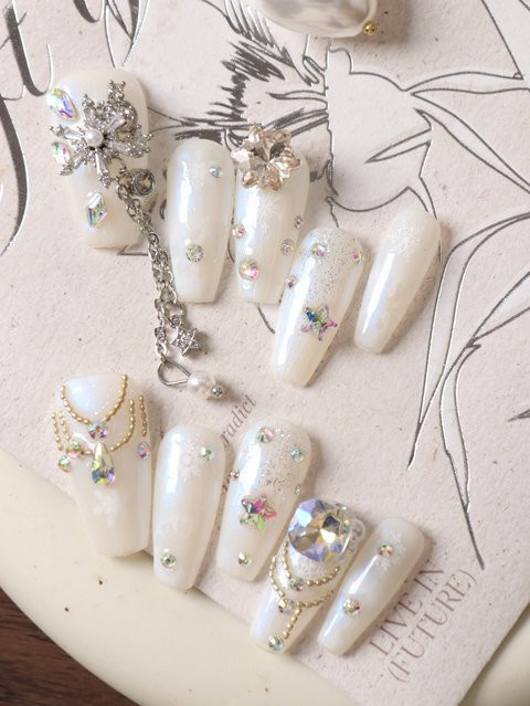 XEERCOOU Aufklebenägel, Weiß, Glitzersteinchen, Glänzend, 10 Stück - Bild 1