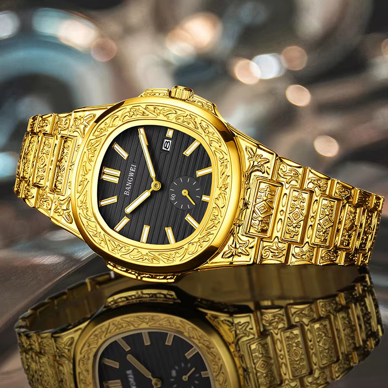 BANGWEI Armbanduhr, Quarz, Edelstahl, Gold, Eckig, Herren - Bild 2