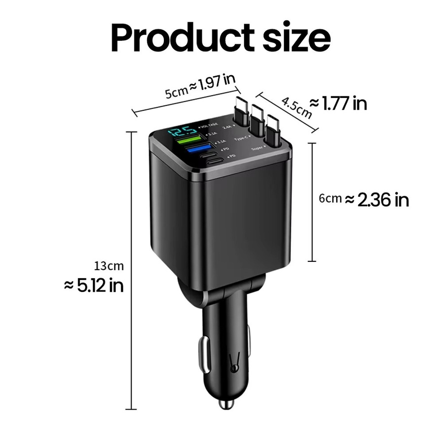 7-in-1 Einziehbares USB-Autoladegerät mit Digitalanzeige und USB-C für iPhone, Samsung und Xiaomi in Schwarz - Bild 3