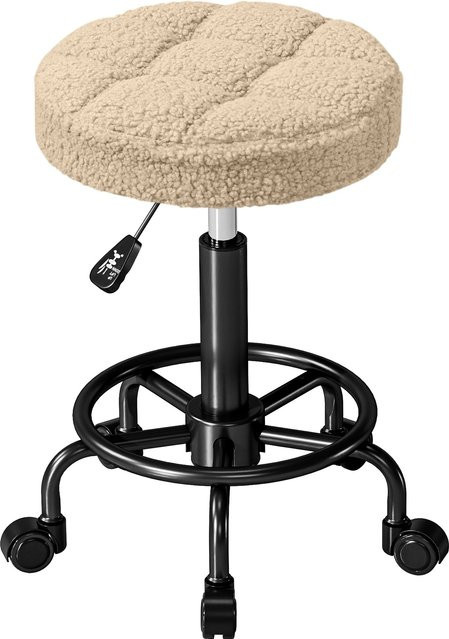 HOMCOM Drehbarer Runder Hocker mit Rollen, Höhenverstellbar 50-66 cm, Sitzbezug aus Frotteestoff, Hellbraun - Bild 1