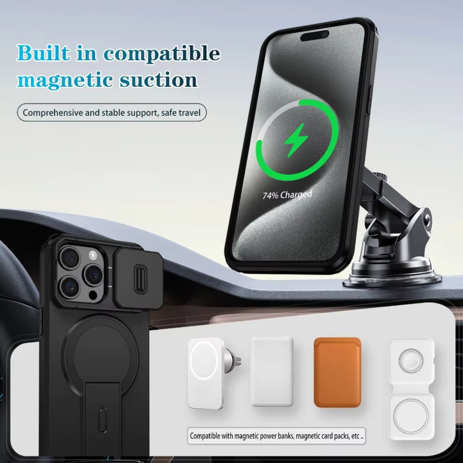 Handyhülle mit Schiebe-Kameraabdeckung und magnetischer Autohalterung für iPhone 11 bis iPhone 17 Serie, Farbe: Schwarz - Bild 4