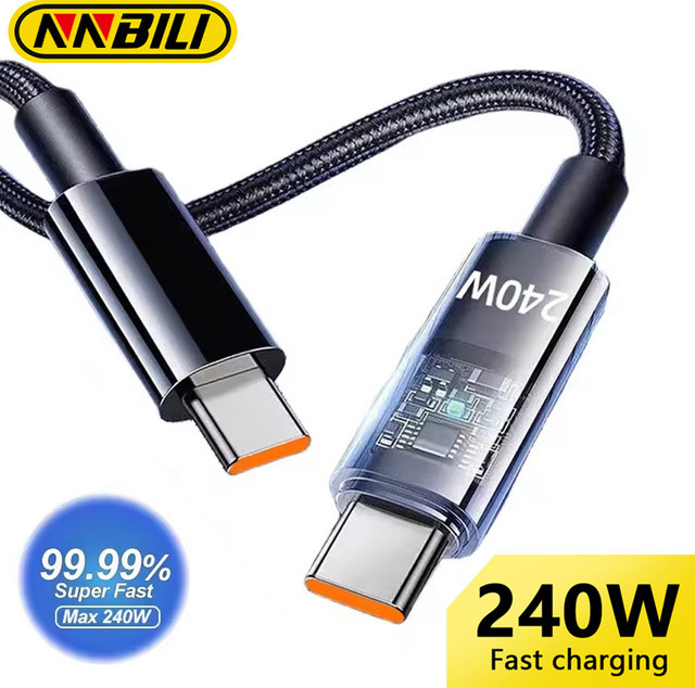 NNBILI Dual-Ladekabel 240W mit USB-A auf USB-C und USB-C auf USB-C Anschlüssen, schnelles Laden, geflochtenes Nylon-Datenkabel in Schwarz - Bild 1