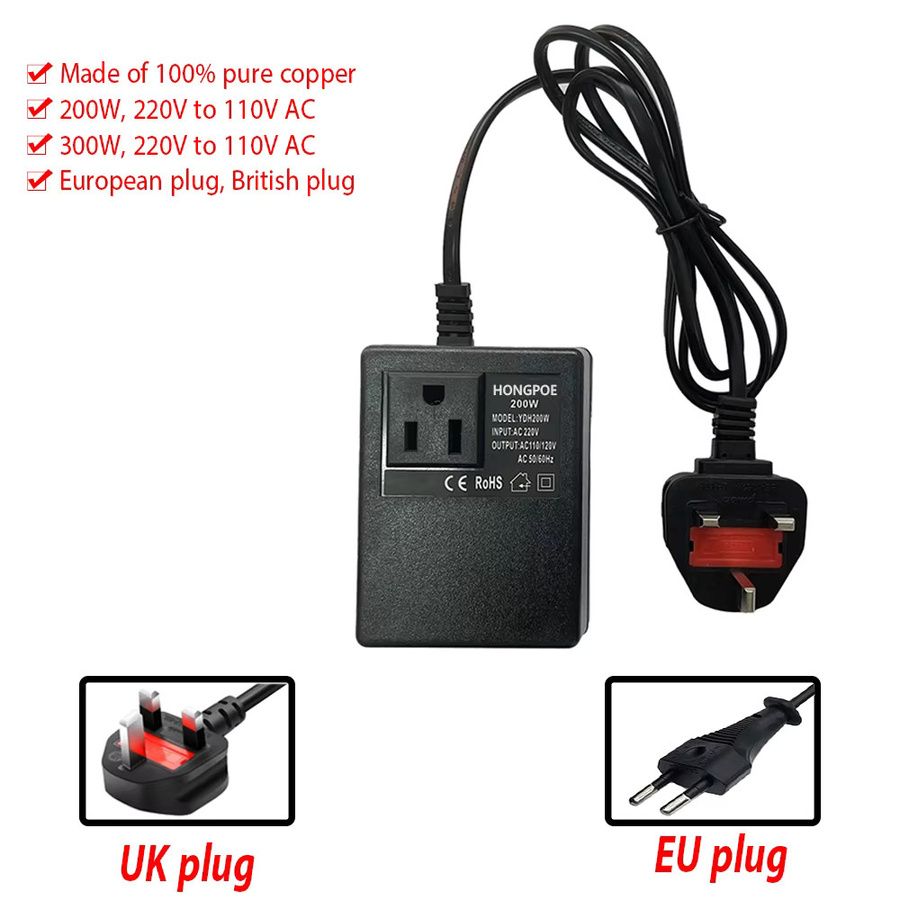 HONGPOE Reise-Steckeradapter Schwarz mit EU- und UK-Stecker als 220/110VAC-Transformator für Elektronikgeräte - Bild 2