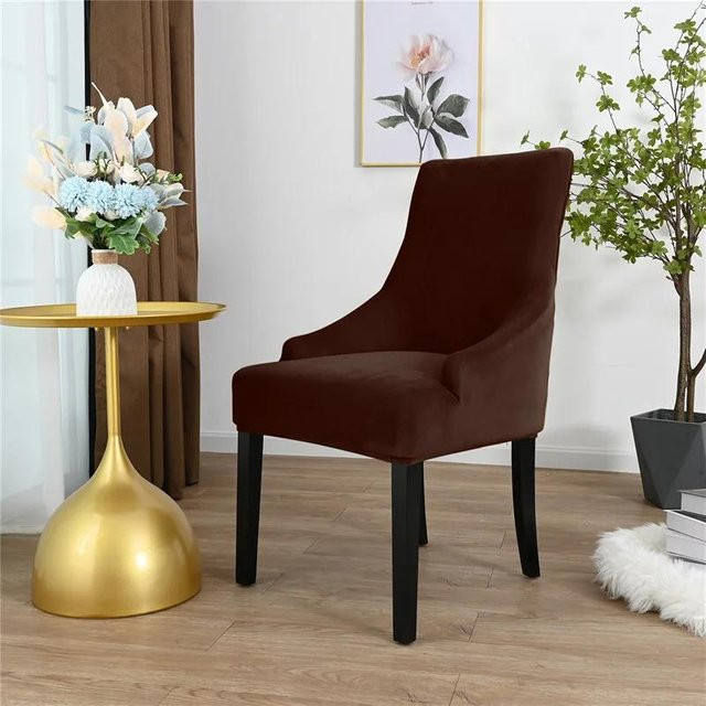 Elastischer Sesselbezug in Braun mit hohem Rücken aus Samt und Polyester für Wohnzimmer und Büro - Bild 1