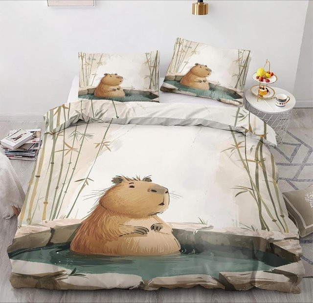 Allbestart Kinderbettwäsche Set mit Capybara Motiv aus Mikrofaser, Grau/Weiß, B/H: 90 x 200 cm - Bild 1