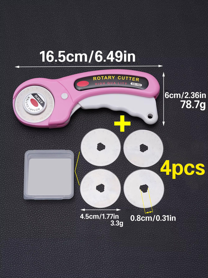 Rollschneider Set in Pink mit 4 Ersatzklingen, Nähclips und Stoffmarkierstift für DIY Nähen, Stoff und Leder, Klingenbreite: 45 mm - Bild 2