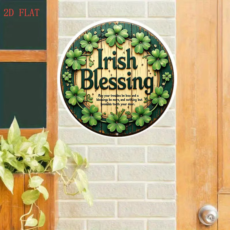 Potdemiel Irish Blessing Good Luck Wanddekoration mit Kleeblatt-Blumenmotiv in Grün und Blaugrün, rundes Metallschild, Durchmesser: 20 cm - Bild 3