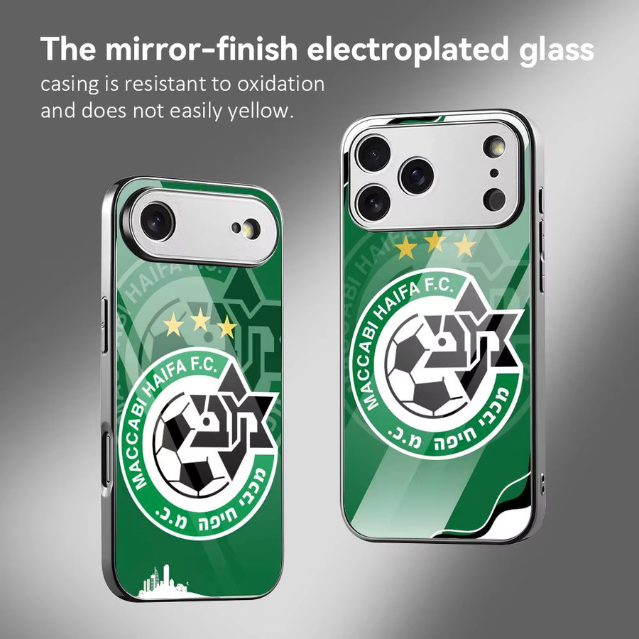 M-Maccabi H-Haifa Handyhülle für iPhone 17 16 15 14 13 12 Pro Max Plus mit Metall-Bumper und gehärteter Glasrückseite in Grün - Bild 3
