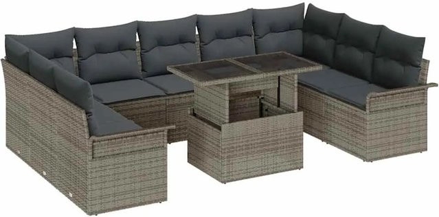 vidaXL Garten-Sofa-Set aus Poly Rattan in Grau mit 10 Teilen und Kissen - Bild 1