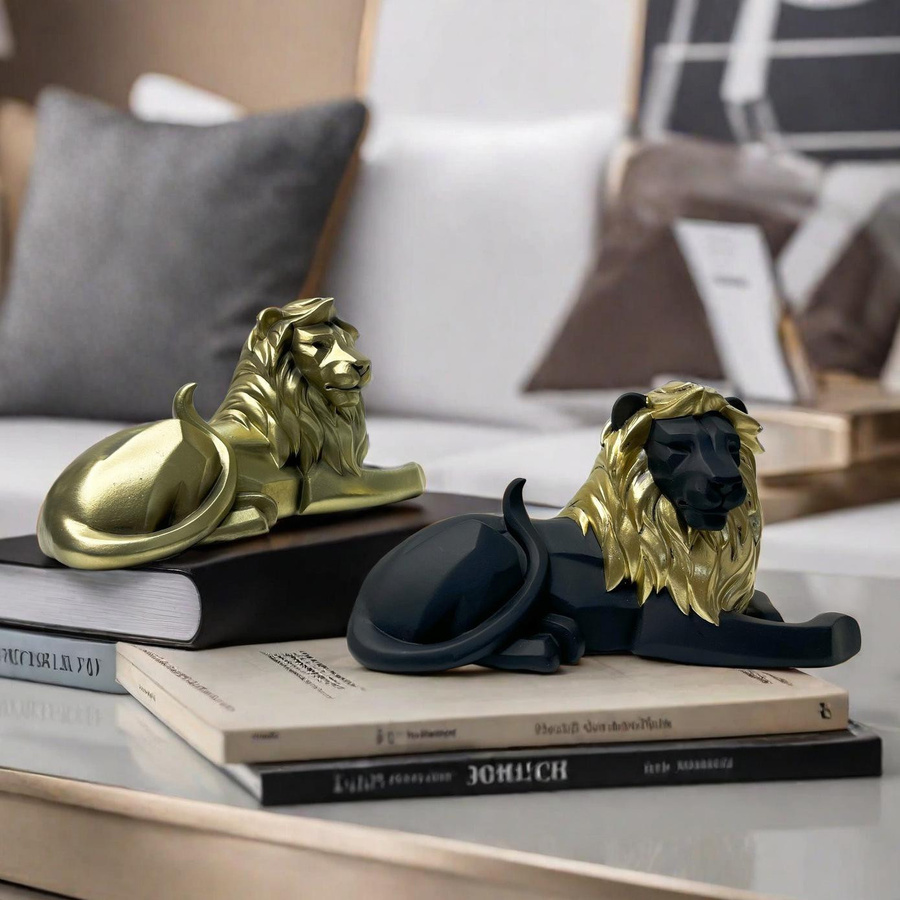 Geometrische Löwenornamente von Yiran Furniture als moderne Kunstharz-Statue in Gold und Schwarz zur Tischdekoration, Breite: 11,5 cm, Tiefe: 9,5 cm, Höhe: 11,5 cm - Bild 2
