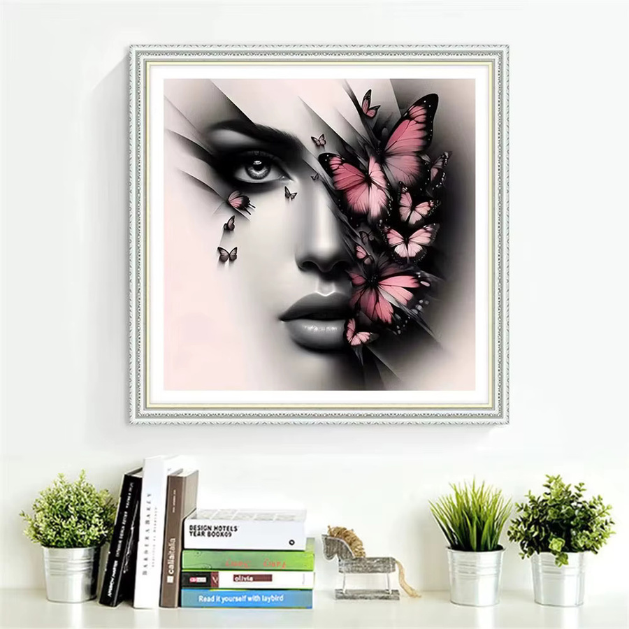 HUACAN Kreuzstich-Set Frauenporträt mit Blumen und Schmetterling in Schwarz-Weiß, 11CT Wanddekoration für Anfänger - Bild 3