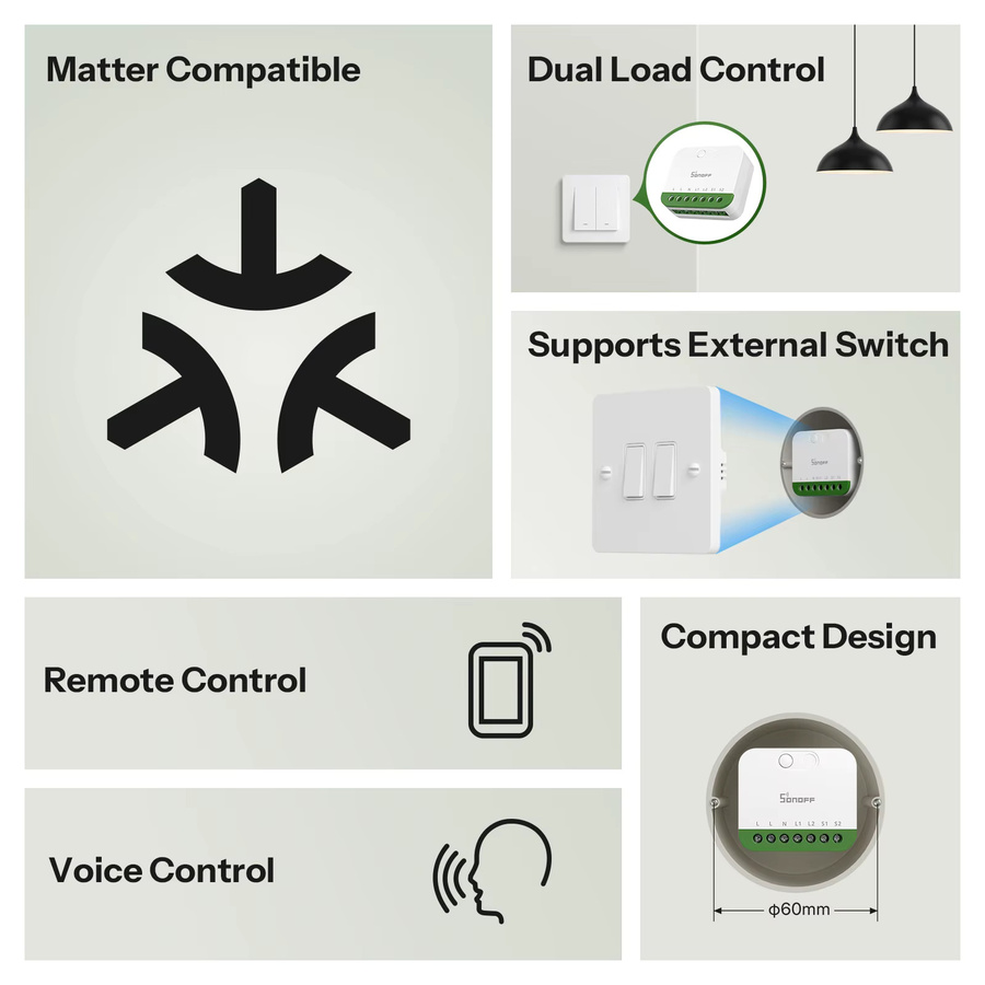 SONOFF MINI DUO 2-Gang Matter Smart Switch mit WiFi und Dual-Load Control in Weiß - Bild 2