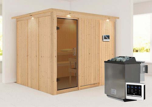 Karibu Sauna Jöhvi Bio-Kombi-Sauna für 4 Personen mit 9 kW Bio-Kombi-Saunaofen und externer Steuerung, beige, B/T/H: 245 x 210 x 202 cm - Bild 1