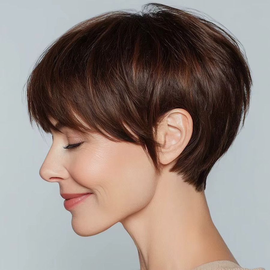 OYM HAIR Pixie-Perücke, braun, glattes Echthaar mit Pony, Damen - Bild 5
