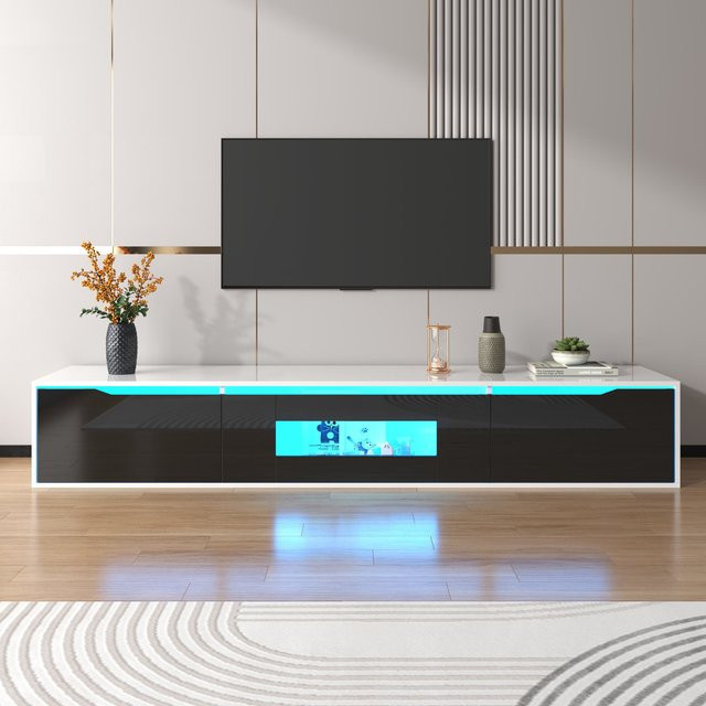 Moderner Fernsehschrank in Hochglanz Schwarz-Weiß von Aosom mit LED-Beleuchtung und Push-to-Open-Funktion, Breite: 180 cm - Bild 1
