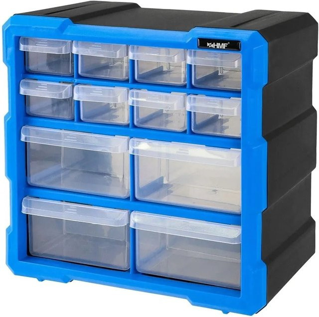 HMF Sortierbox STK100-07-05 für Kleinteile mit 12 Schubladen und 24 Fächern, transparent/blau, B/T/H: 26,5 x 26,5 x 16,0 cm - Bild 1