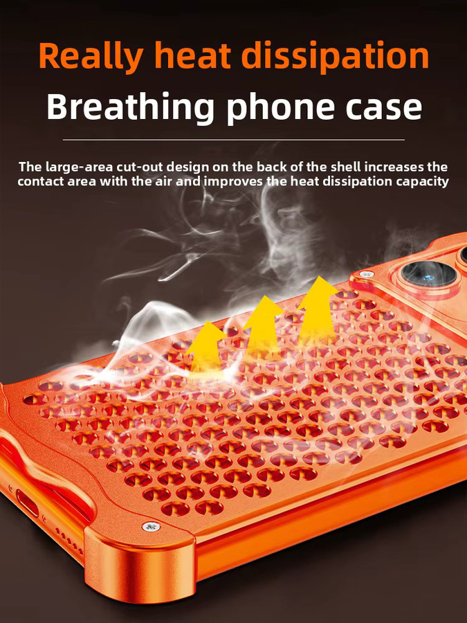 BeisFun Vollmetall-Legierung Handyhülle mit Wabenstruktur für iPhone 17 Air, iPhone 16 und iPhone 15 Pro Max, stoßfester Rahmenloser Schutz, Schwarz und Orange - Bild 3