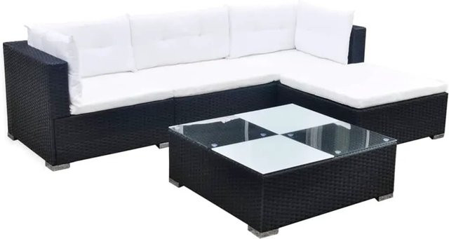 vidaXL 5-tlg. Garten-Lounge-Set in L-Form aus schwarzem PE-Rattan mit Polsterkissen und pulverbeschichtetem Stahlrahmen - Bild 1