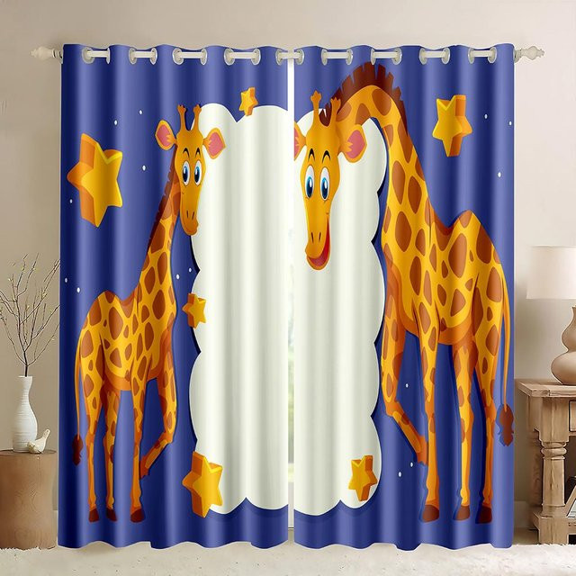 Safari Tiere Cartoon Dschungel Wald Vorhänge aus Polyester für Kinderzimmer und Wohnzimmer, 2er Set, Blau, B: 100 cm, H: 130 cm - Bild 1
