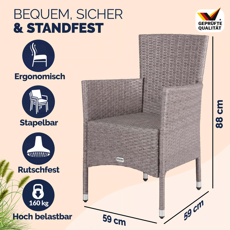 CASARIA Polyrattan Gartenstuhl 3er-Set in Beige, stapelbar und UV-beständig mit Armlehnen - Bild 2