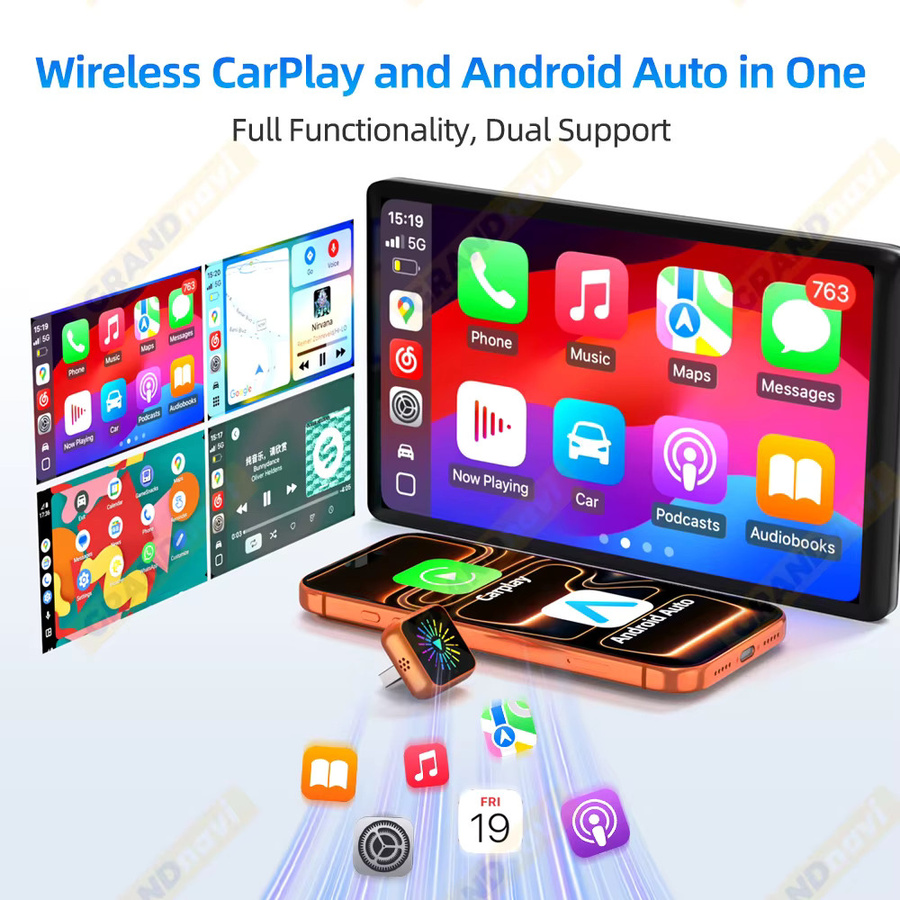Grandnavi 2in1 Wireless CarPlay und Android Auto AI Smart Box Dongle in Orange für Audi, Toyota, Mazda, Nissan, Kia, Ford, Opel und Skoda - Bild 2
