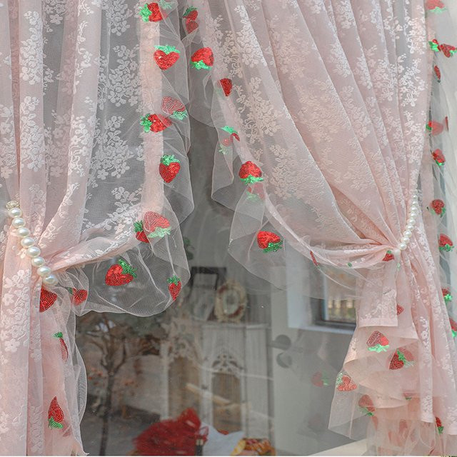 AiFish Lichtfilternder Tüll-Vorhang mit rosa Blumen-Jacquard und Pailletten in Erdbeeroptik, B/H: 120 x 100 cm - Bild 1