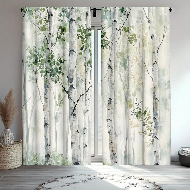 Lampayan Set aus 2 grünen Wald-Aquarell-Vorhängen mit Baum-Kunstdruck aus Polyester, B: 132 cm, H: 160 cm - Bild 1
