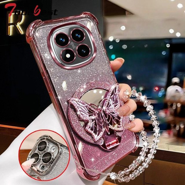 Glitzer Schmetterling Handyhülle mit Kristall-Armband für Xiaomi Redmi Note 15 14 13 12 11 Pro Plus 4G 5G, Stoßfest, Farbe: Rosa/Transparent - Bild 1