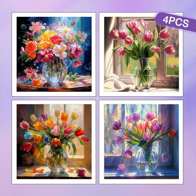 HUACAN 4er Set Diamantmalerei Rose Blumen Mosaik mit runden Bohrern in Multicolour zur DIY Stickerei als Wanddeko - Bild 1