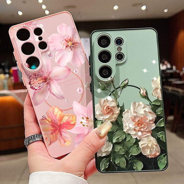 Magnetische Handyhülle mit rosa Blumenmuster für Samsung Galaxy S26 S25 S24 S23 Ultra FE A55 A36 A16 Hartschalen-Cover in Pink und Orange - Bild 1