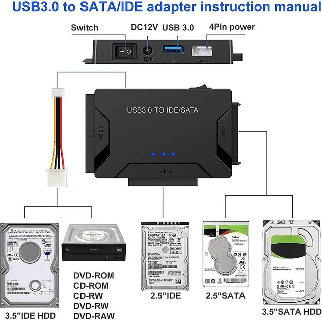 Congdi 3 in 1 USB 3.0 zu SATA und IDE Festplattenadapter Konverterkabel für 2,5 und 3,5 Zoll HDD SSD sowie CD DVD ROM in Schwarz - Bild 1