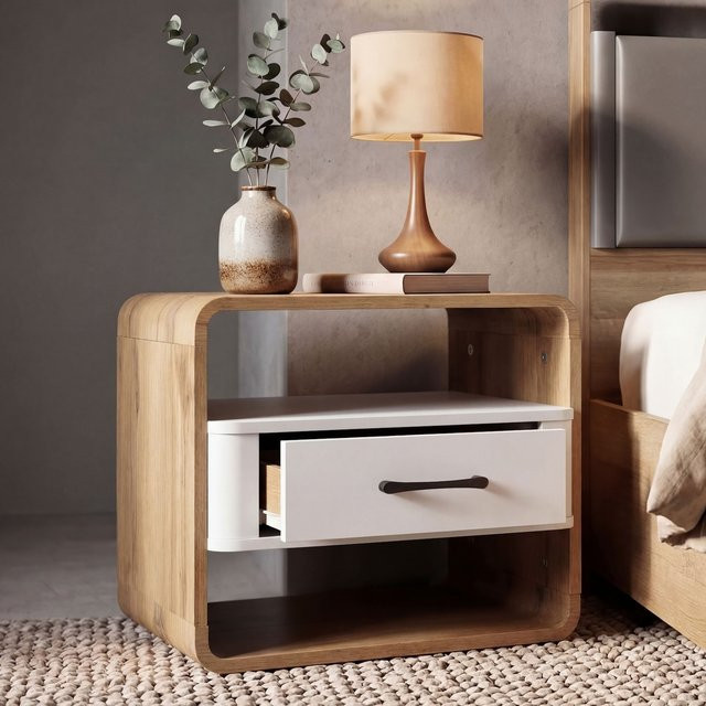 Nachttisch MCW P43 mit Schublade aus MDF in Wotan-Eiche-Optik und Weiß, B/T/H: 40 x 48 x 44 cm - Bild 1