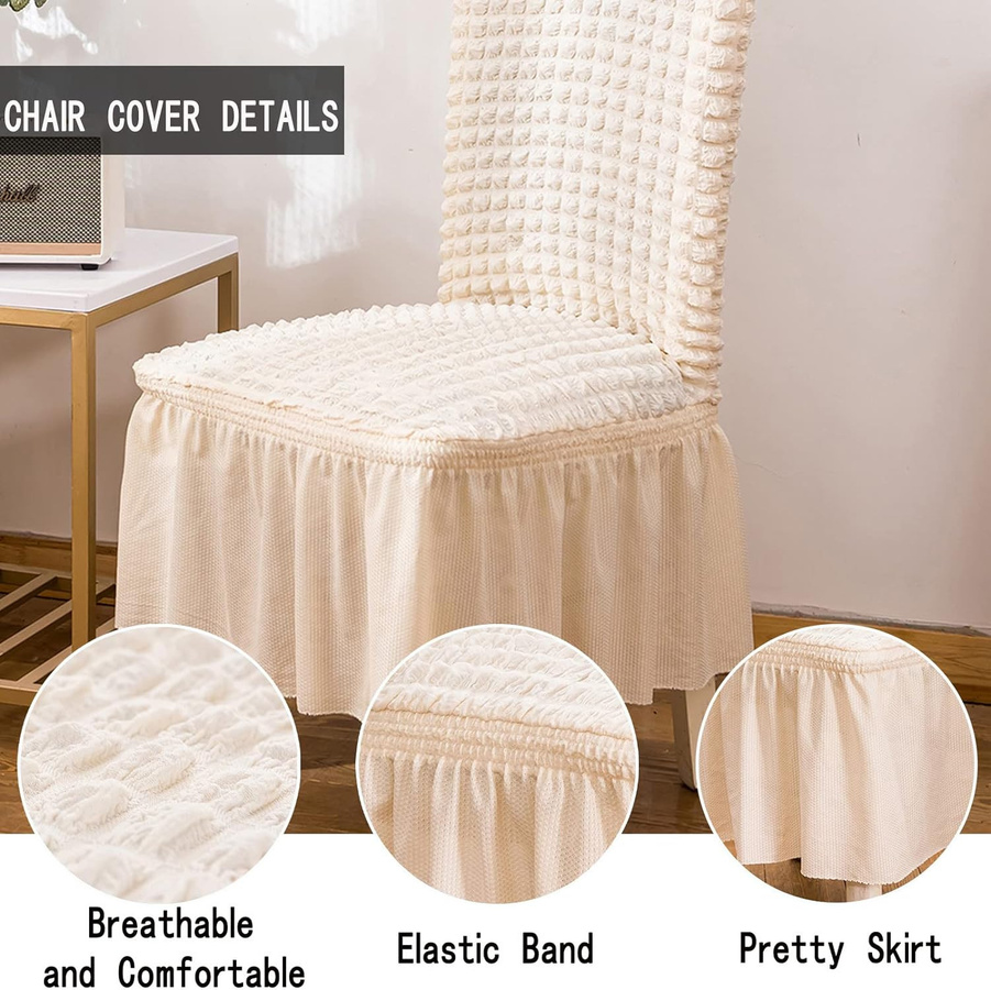 Universal-Stretch-Esszimmerstuhlbezug aus Seersucker mit Schößchen in Beige, abnehmbarer Polyester-Bezug für Parsons-Stühle - Bild 3