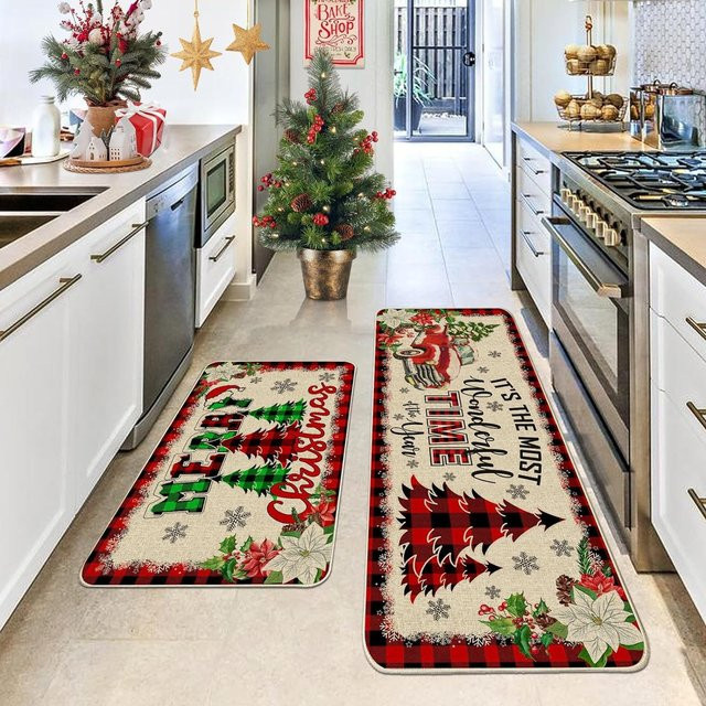VIKAMA 2-teiliges Küchenteppich-Set mit Weihnachtsmotiv, wetterfester Flurläufer und Willkommensmatte für den Innen- und Außenbereich, Mehrfarbig - Bild 1